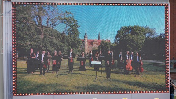 Eröffnungskonzert MDR-Musiksommer in Hoyerswerda: Auf einer Videoleinwand ist eine Streichergruppe auf der Wiese zu sehen.