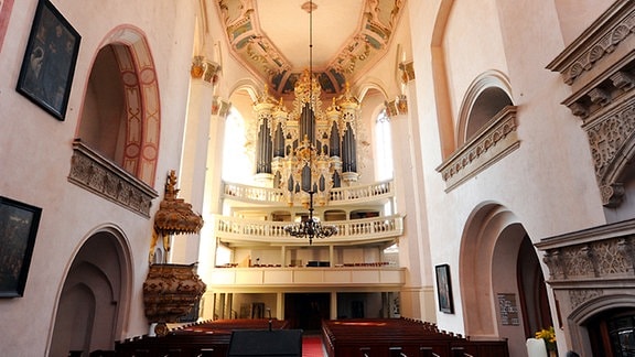 Die Naumburger Stadtkirche St. Wenzel von innen mit Blick auf die Orgelempore