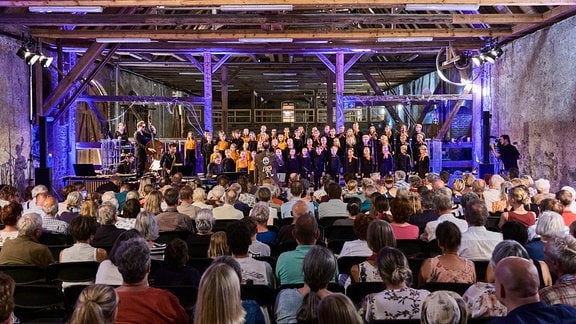 MDR-Kinderchor mit Instrumentalensemble und Leiter Alexander Schmitt auf der Bühne des "Fest im Park" beim MDR-Musiksommer im Kloster Altzella in Nossen.