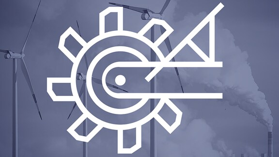 Ein Piktogramm eines Braunkohle-Schaufelrads vor Windrädern und einem Kraftwerksblock.