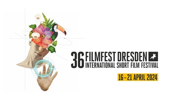 Logo Filmfest Dresden 2024, daneben eine Grafik unter anderem mit einer Hand und einem Tukan.