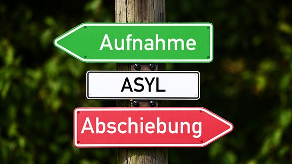 Schilder mit Aufschrift Asyl, Aufnahme und Abschiebung sind digital auf einen Balken montiert.