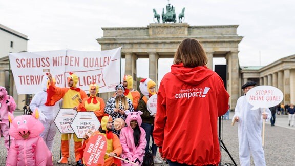Aktivisten der Bürgerbewegung Campact protestieren am Brandenburger Tor in Berlin gegen das Tierwohl-Label