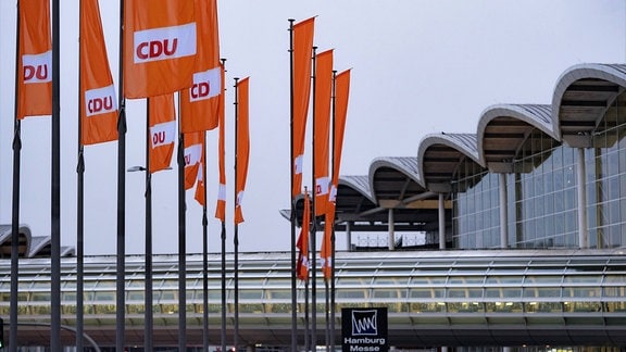 CDU Flaggen vor dem Eingang Mitte auf der Messe Hamburg, 2018