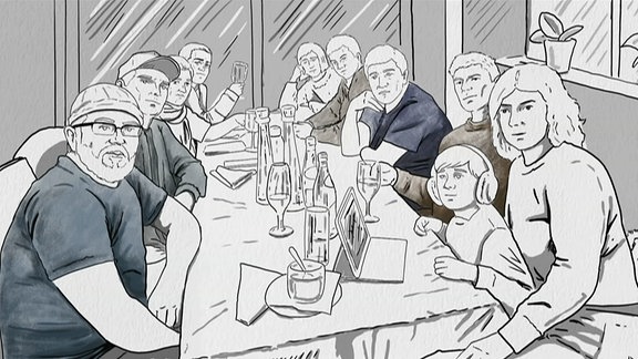 Zeichnung zeigt Personengruppe am Tisch