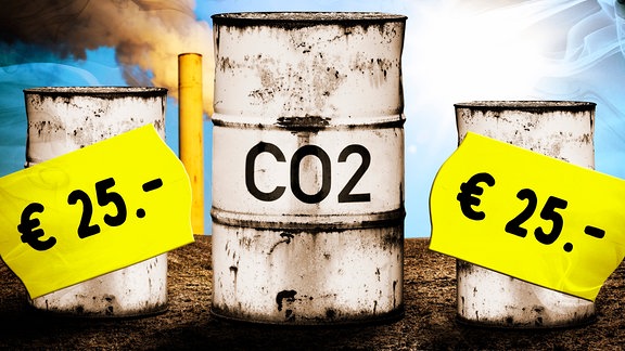 Illustration, Tonnen mit Aufschrift CO2 und Preisetiketten