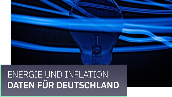 Eine Glühlampe in bläulichem Licht, im Vordergrund steht der Text "Energie und Inflation: Daten für Deutschland".