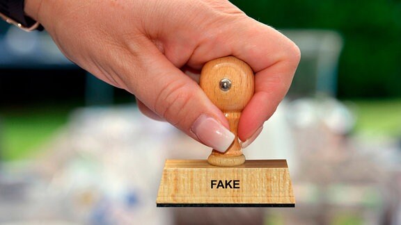 Hand mit Holzstempel mit der Aufschrift Fake