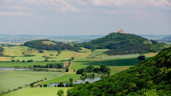 Die Wachsenburg mit dem davorliegenden Naturschutzgebiet Schloßleite. Die Burg gehört zu den Drei Gleichen, drei mittelalterliche Burgen in der Nähe von Arnstadt.