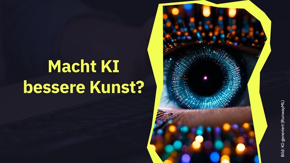 Eine Collage zeigt ein KI-generiertes Bild von einem Auge, dazu die Schrift "Macht KI bessere Kunst?"