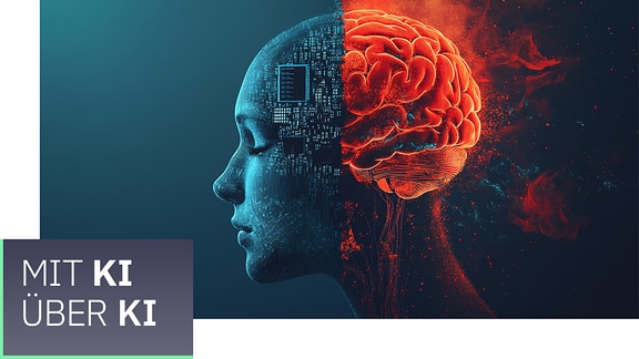 Ein Grafik von einem Kopf mit schematisch dargestelltem Gehirn und Computerchips, ästhetisch und surreal.