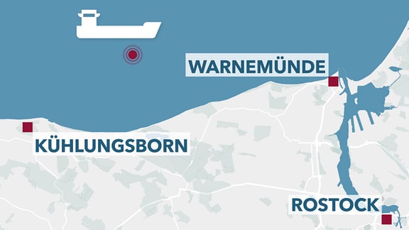 Karte zeigt an, wo der brennende Öltanker in der Ostsee vor Warnemünde liegt.