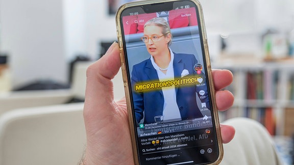 Hand hält ein Mobiltelefon auf dessen Display auf der Plattform TikTok ein Video der AFD Politikerin Alice Weidel zu sehen ist