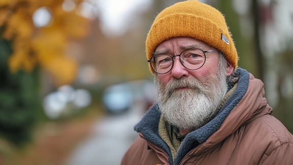 Portrait eines älteren Mannes mit orangener Mütze und Brille