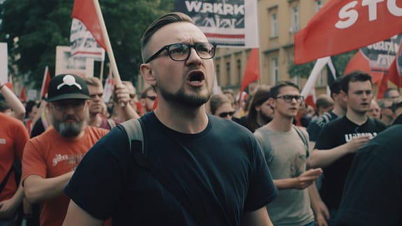 Ein junger Mann mit ernstem Gesicht und schwarzer Brille steht in einer Menschenmenge auf einer Demonstation.