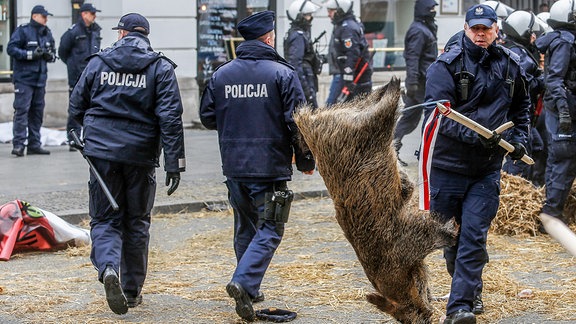 Polnische Polizei im Einsatz bei einem Demonstration polnischer Schweinehalter vor der Niederlassung des Jagdverbandes in Warschau