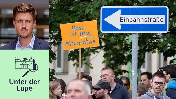 Collage: Torben Lehning und Teilnehmer einer Kundgebung stehen auf dem Pohlandplatz und halten ein Schild mit der Aufschrift "Hass ist keine Alternative". 