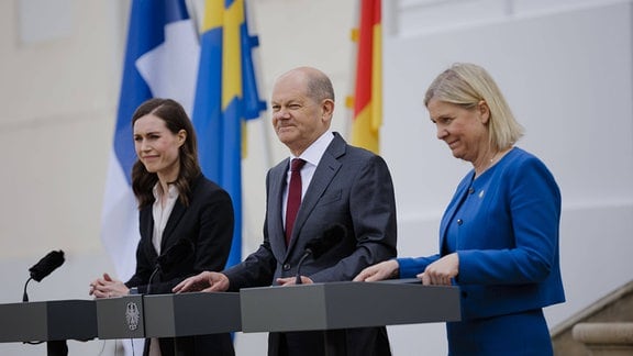 Bei der Kabinettsklausur auf Schloss Meseberg am Dienstag waren die Ministerpräsidentinnen von Schweden und Finnland, Magdalena Andersson und Sanna Marin, zu Gast.