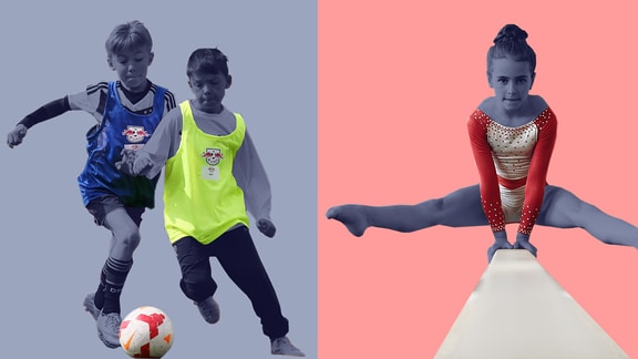 Ein Mädchen turnt auf einen Schwebebalken. Zwei Jungen rennen einem Fußball hinterher.