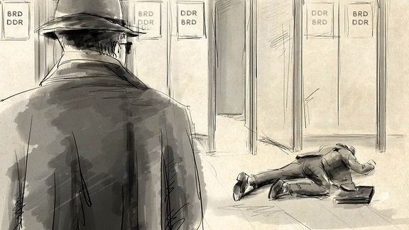 Zeichnung: Ein Mann liegt mit Wunde im Rücken auf dem Boden, ein anderer steht dahiner.