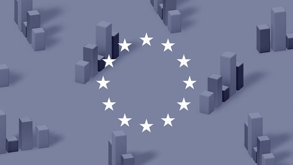 Stilisierte Wahldiagramme, davor ein Piktogramm mit den Sternen der EU-Flagge.