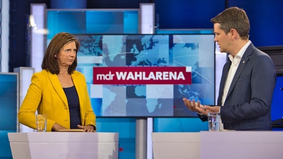 MDR-Wahlarena am 13.09.2021 - Katrin Göring-Eckardt (B90/Grüne) und Markus Faber (FDP)