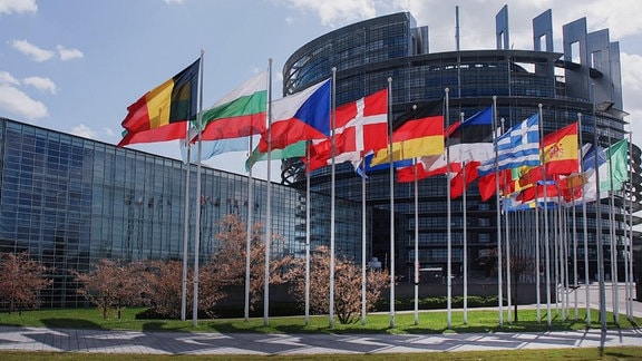 Das Europaparlamentsgebäude von außen mit den Fahnen
