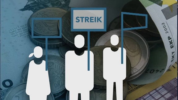 Cartonfiguren halten Schilder hoch, auf einem steht "Streik". Im Hintergrund ein Foto von Geldstücken.