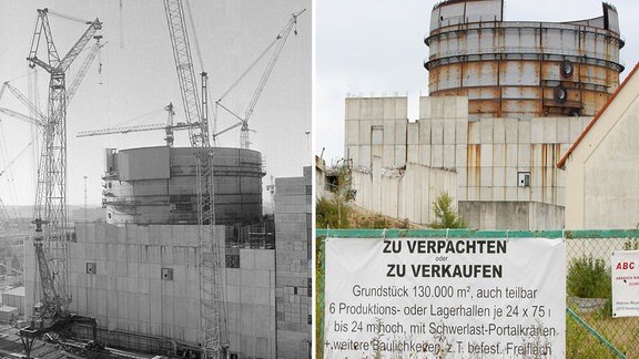 Die zweiteilige Bildgegenüberstellung zeigt Bauarbeiten im Winter 1990 am Reaktor Stendal II im Kernkraftwerk Stendal und die Bauruine mit einem Verkaufsschild
