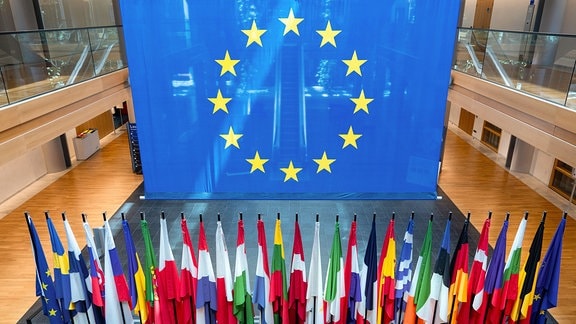 Flaggen im Europäischen Parlament in Strassburg.