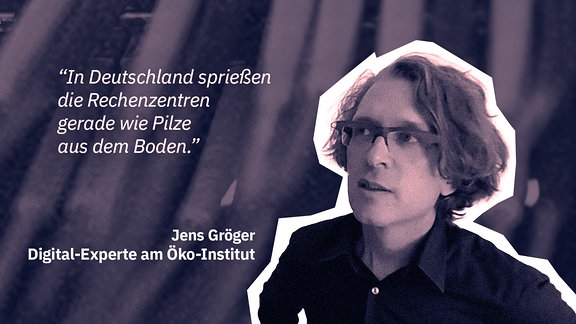 Eine Collage zeigt Jens Gröger, Digital-Experte am Öko-Institut, dazu das Zitat: "In Deutschland sprießen die Rechenzentren gerade wie Pilze aus dem Boden."