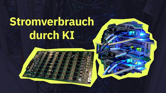 Eine Collage zeigt ein Board des Supercomputers Spinnaker2 und die Rückseite eines Serverschranks, daneben die Schrift "Stromverbrauch durch KI"