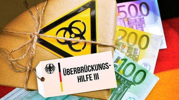 Fotomontage - Paket mit Biogefährdungszeichen auf Deutschlandfahne mit Etikett und der Aufschrift Ãberbrückungshilfe III
