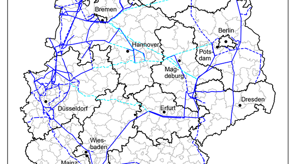 In eine Karte der Bundesrepublik Deutschland sind dunkel- und hellblaue Linien eingezeichnet. Über der Darstellung steht: "Aktueller Planungsstand (12.07.2023) des Wasserstoff-Kernnetzes".