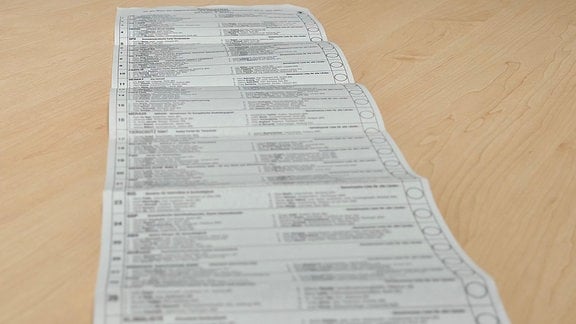 Auf einem Tisch liegt der lange Stimmzettel zur Europwahl