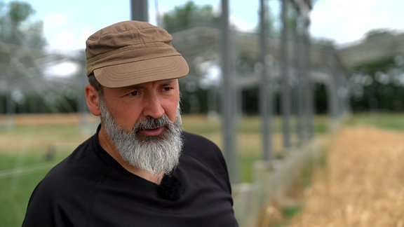 Ein Mann mit grauem Bart steht auf einem Feld