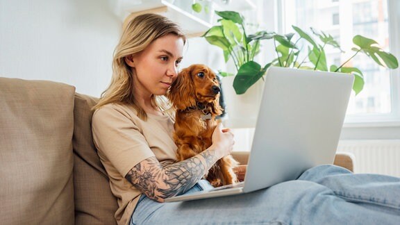 Junge Frau sitzt mit Hund und Laptop auf einer Couch.