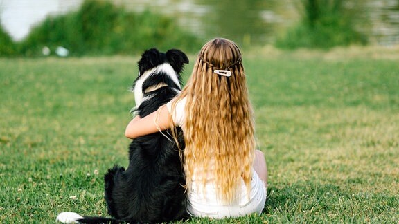 Rückenansicht eines Teenager-Mädchens, das einen flauschigen Border Collie-Hund umarmt, während es auf dem Rasen in der Nähe eines Teichs im Park sitzt.