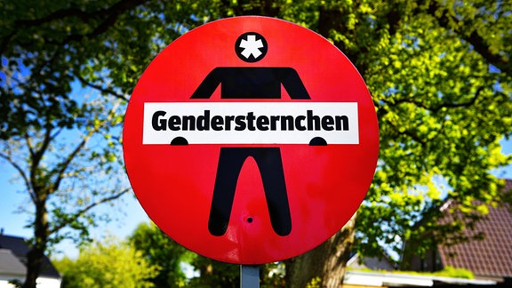 Schild mit Figur und Aufschrift Gendersternchen
