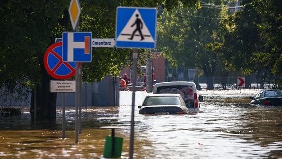 Pkws stehen auf einer vom Hochwasser überfluteten Straße