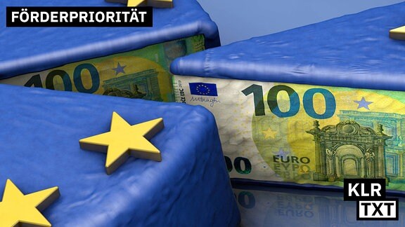 Ein Kuchen symbolisiert den EU-Haushalt - ein Stück wird aus dem Kuchen geschnitten, darauf ist ein 100-Euro-Schein zu sehen