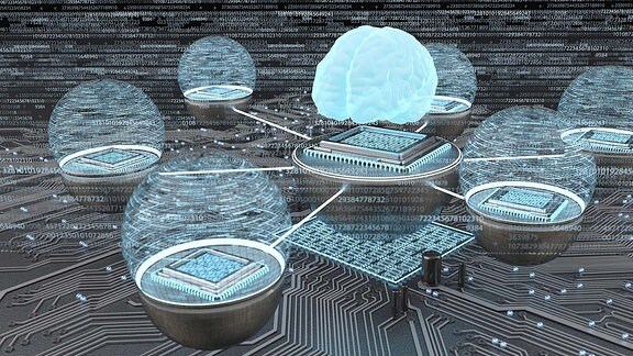 Illustration - Entwicklung der künstlichen Intelligenz, menschliches Gehirn mit vernetzten Mikrochips