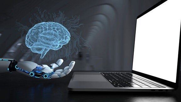 Roboterhand, Hologramm eines Gehirns und Laptop
