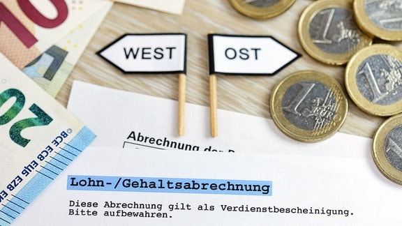Wegweiser West und Ost mit Geldscheinen und Geldmünzen, ungleiche Gehälter in West- und Ostdeutschland