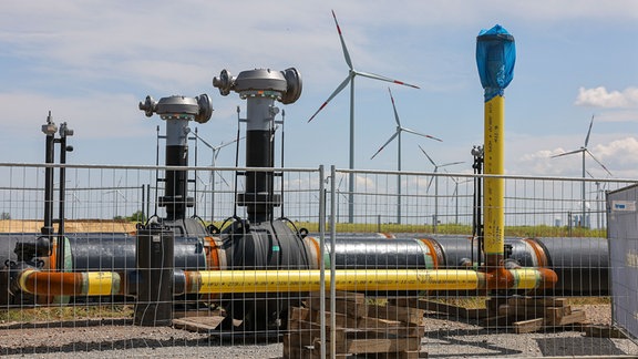 Die Rohre einer künftigen Wasserstoffleitung liegen vor der Kulisse eines Windparks.