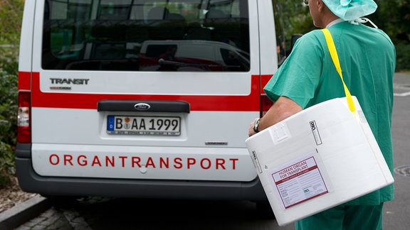 Symbolbild: Medizinisches Personal bringt einen Styropor-Spezialbehälter zu einem Fahrzeug für den Organtransport.