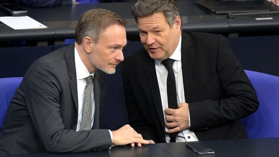 Christian Lindner und Robert Habeck in der 150. Sitzung des Deutschen Bundestages im Reichstagsgebäude