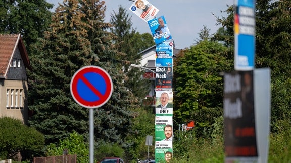 Sechs Wahlplakate von CDU, AfD und Linkspartei und ein Werbeplakat umhüllen einen Laternenmast am Stadtrand von Döbeln.