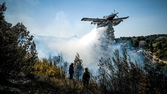 Löschflugzeug im Einsatz bei Brand in einem Waldgebiet in Barnabas, Griechenland