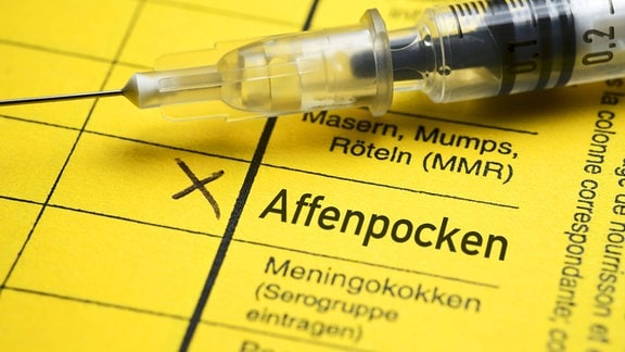 Impfausweis mit Schriftzug Affenpocken und Impfspritze, Impfstoff gegen Affenpocken 